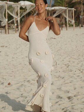 Shein Knit Maxi Dress 3D Floral Appliqué Evening Gown